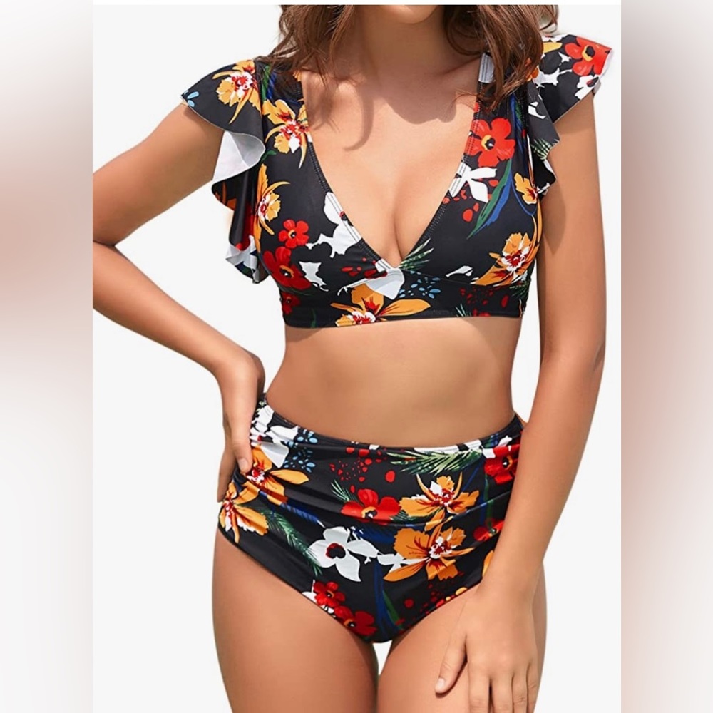 MISSKY Bikini Set Ruffled Top High Waisted Ruched Bottom